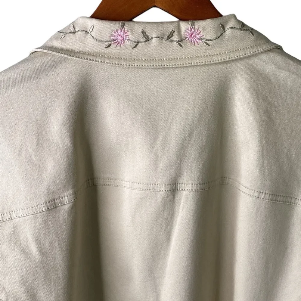 Denim&Co Floral Embroidered Jacket Blazer in Khaki Patch Pockets Stretch Denim